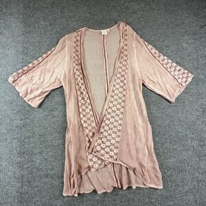 Good Luck Gem Blouse Womens Small Pink Crochet Trim Kimono Open Front N11150D